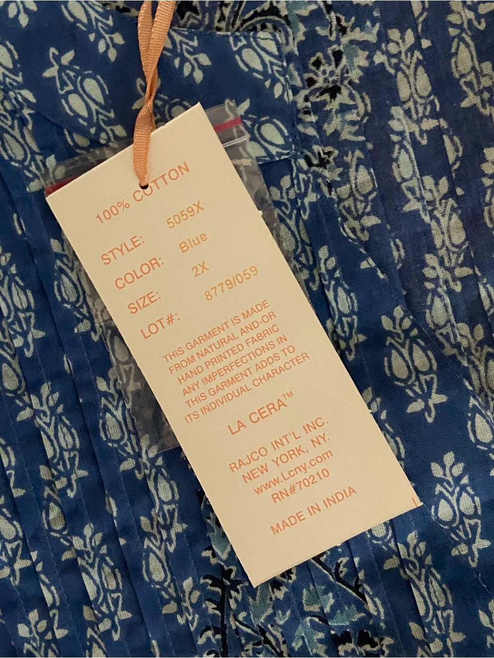 La Cera Womens 2X Blue Paisley 100% Cotton Boho Tunic Top NWT - Picture 5 of 6